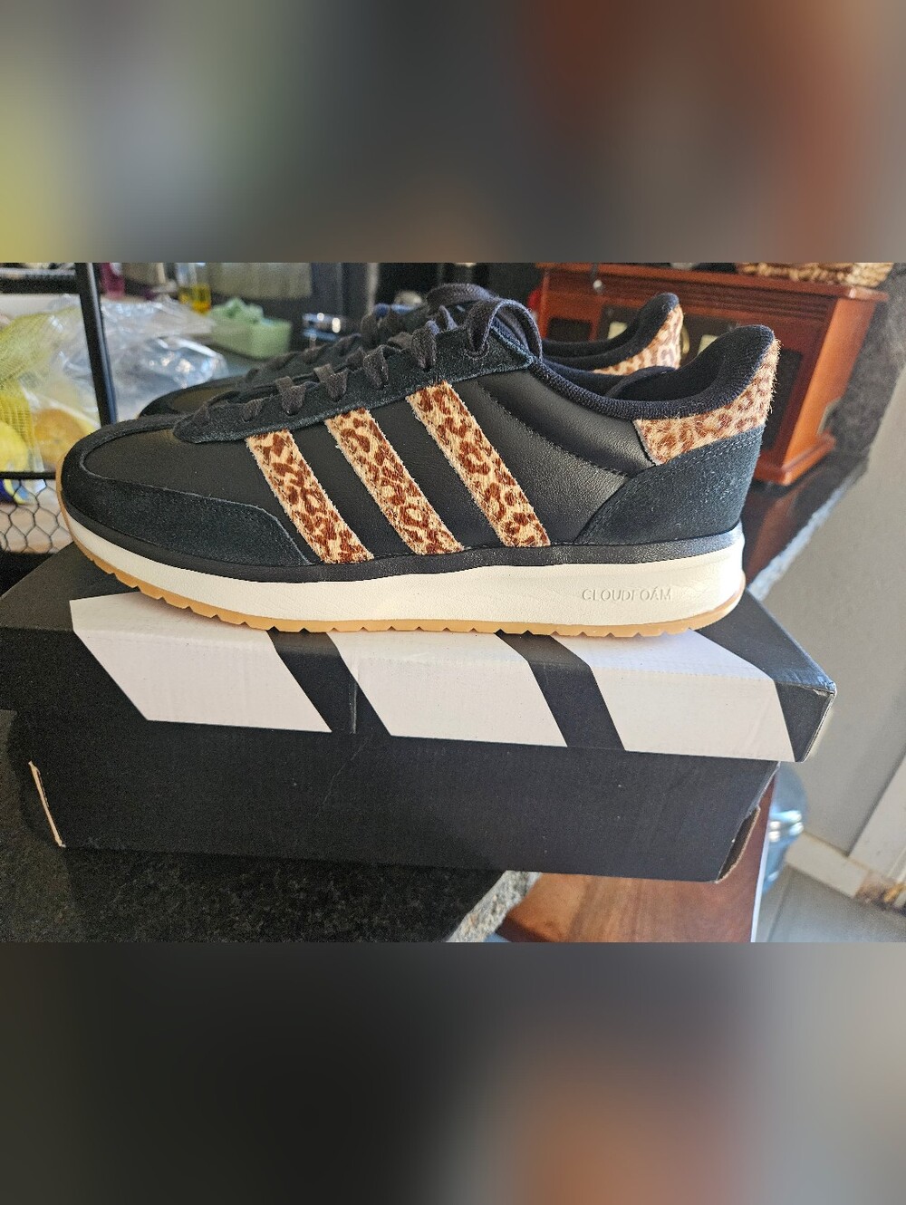 Adidas Men's Black Sneakers with Leopard Trim - Cloudfoam Comfort